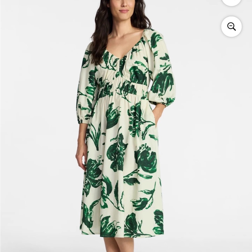 Time and Tru Cream Midi Dress with Green Floral Print
